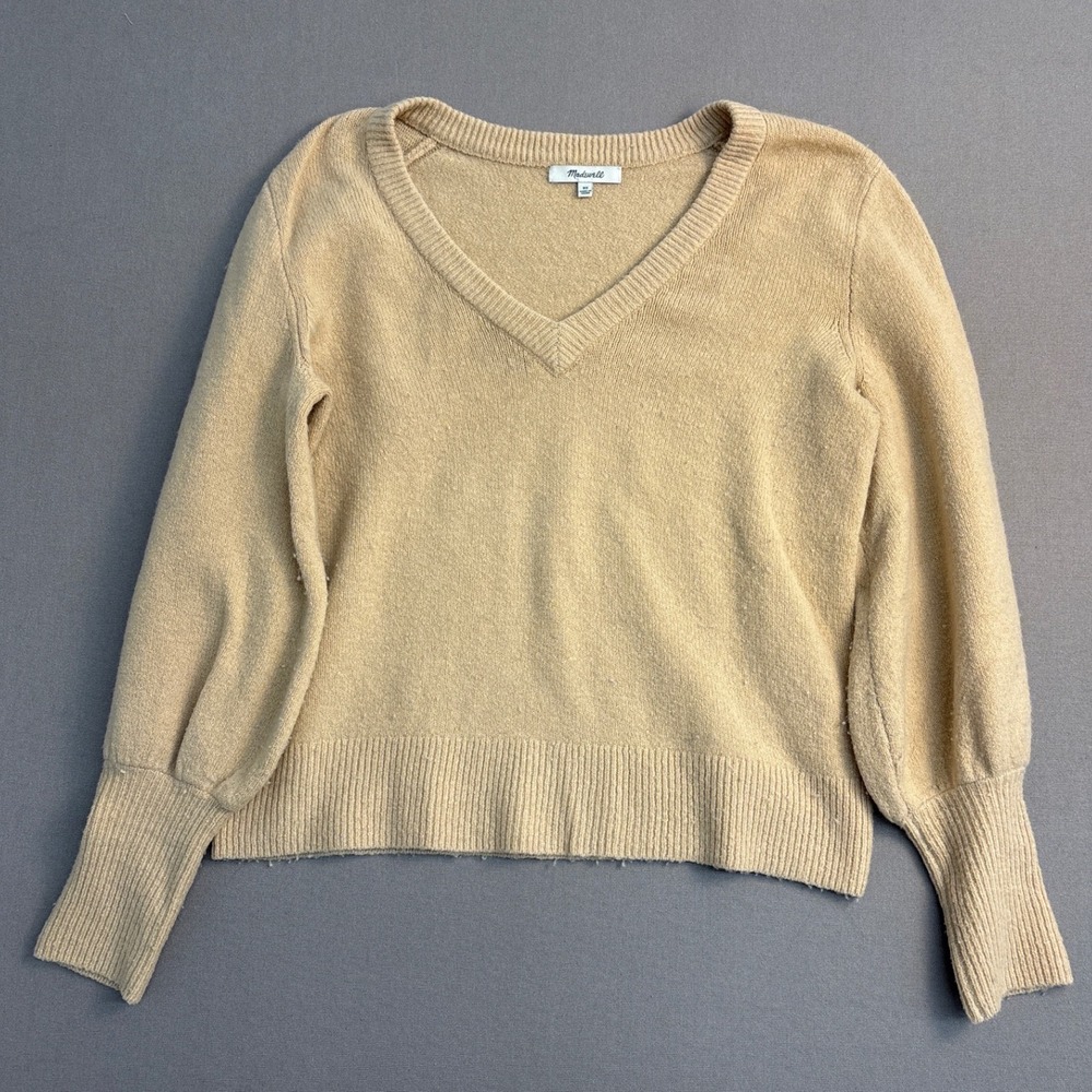 Madewell Womens Tan Beige V-Neck Balloon Sleeve Knit Sweater XS